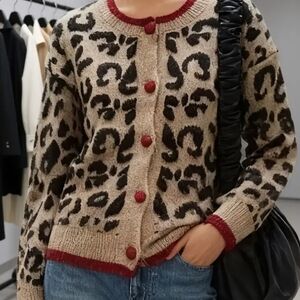 Leopard Print Cardigan Sweater - Beige and Red